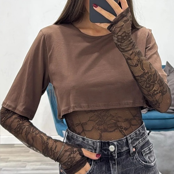 Tops - Lace Long Sleeve Bodysuit with Crop Top